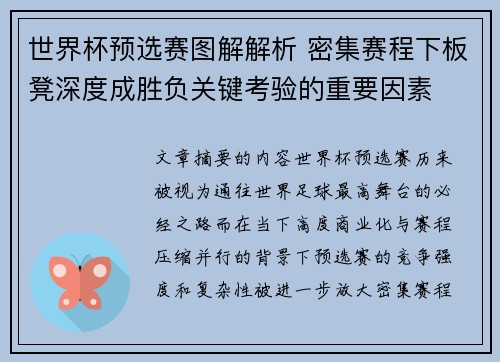 世界杯预选赛图解解析 密集赛程下板凳深度成胜负关键考验的重要因素 世界杯预选赛图解解析 密集赛程下板凳深度成胜负关键考验的重要因素